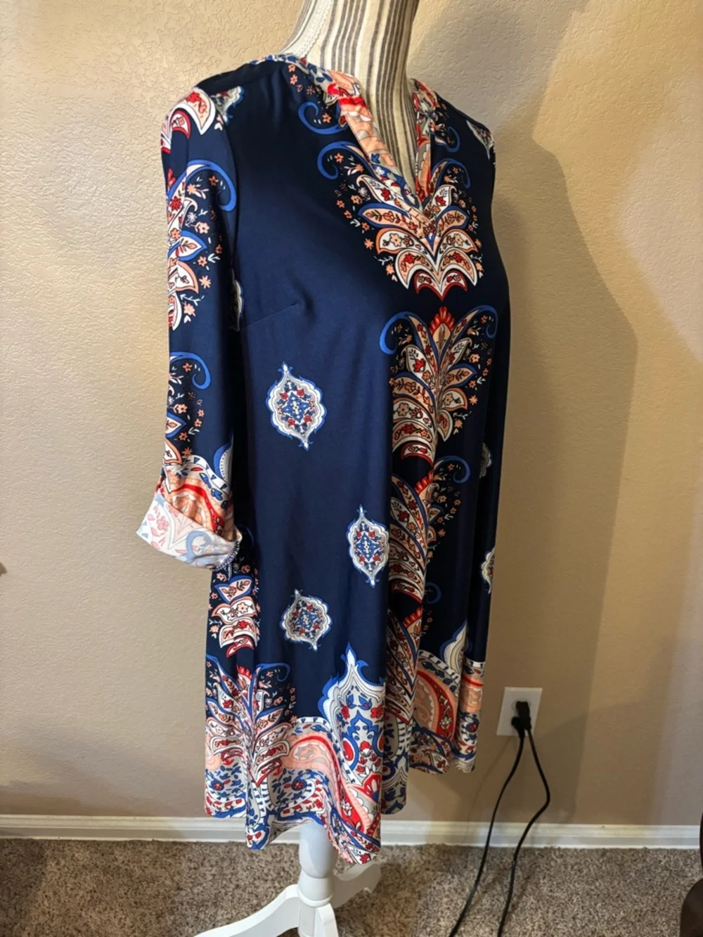 New Directions Dress Small Petite Navy Blue Paisley Floral Orange Red Mini Boho